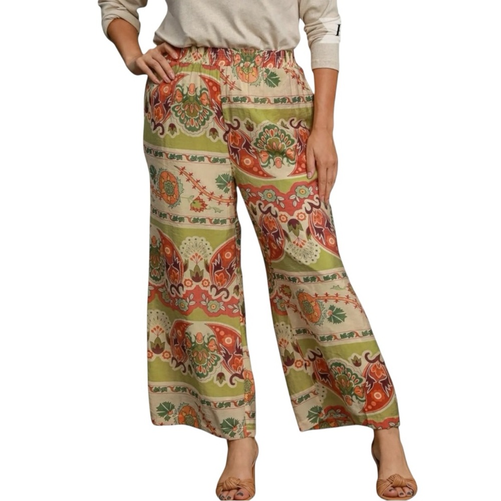 Umgee Wide Leg Border Print Pants